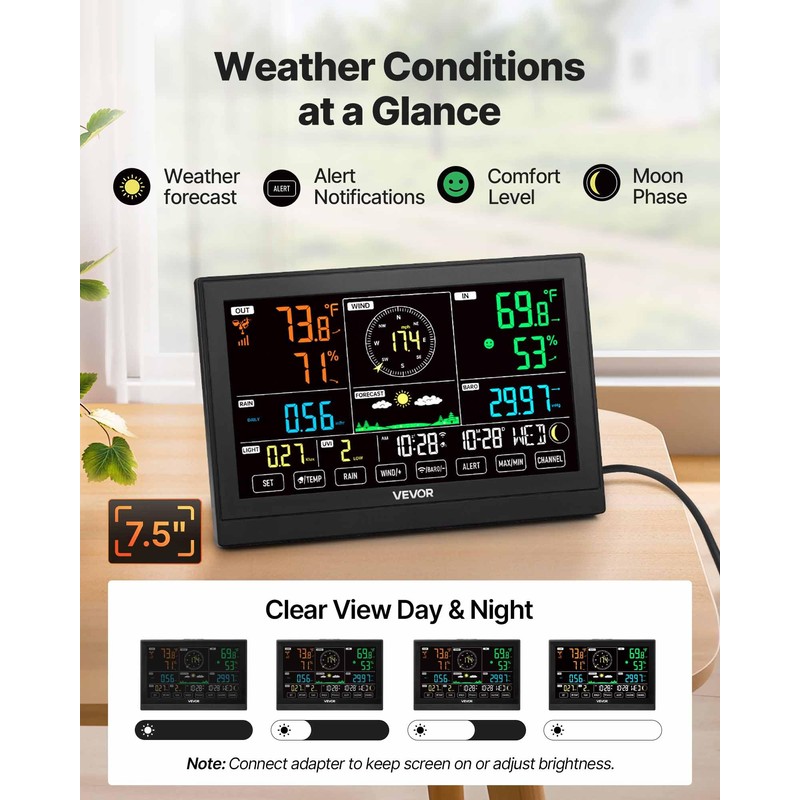 VEVOR 7-in-1 Wi-Fi Weather Station with APP, 7.5-Inch VA Display,