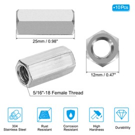 PATIKIL 5/16"-18 UNC Hex Coupling Nuts, 10Pcs 0.98" Long Fully Threaded Rod Coupling Nut Studding Connector Fasteners Galvanized Carbon Steel