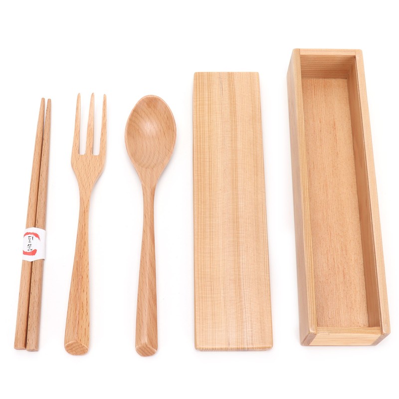 4Pcs/Set Chopsticks and Spoon Set Portable Wooden Tableware with Box