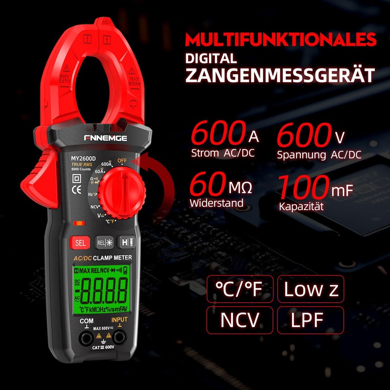 FNNEMGE Digital Current Clamp Multimeter DC/AC 0-600A Real RMS 6000