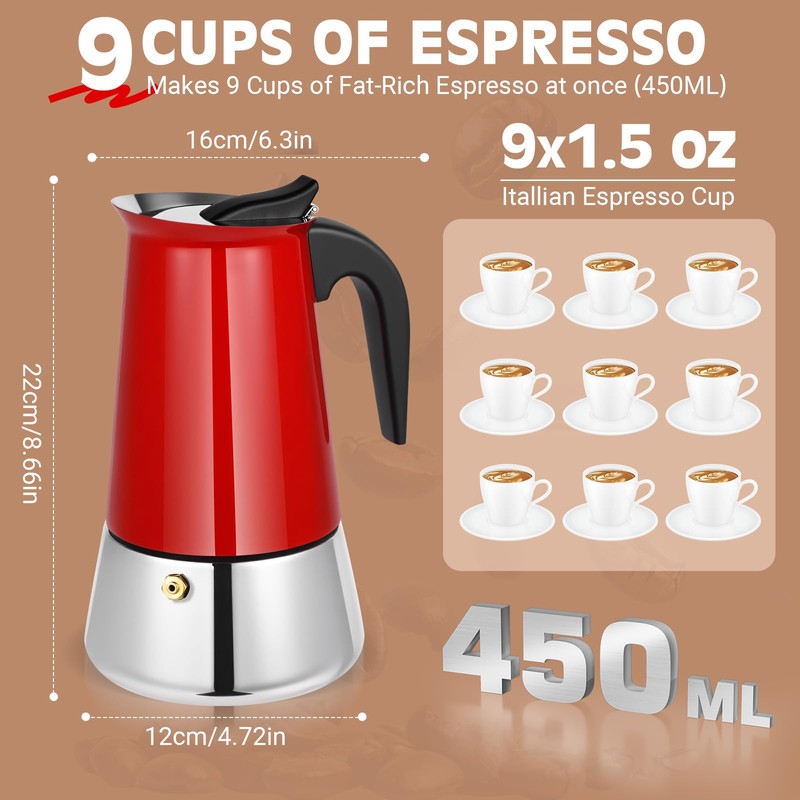 Suiitat Moka Pot, 9 Cups (15.9 oz) Stovetop Espresso Maker,