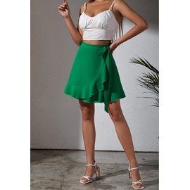 WEEPINLEE Women's Summer High Waisted Ruffle Wrap Tie Knot Short Mini Skirts (US, Alpha, Small, Regular, Regular, Dark Green)
