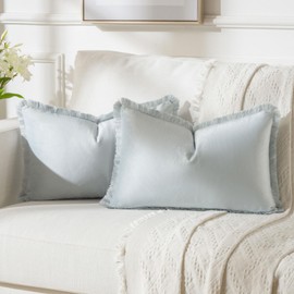 FUTEI Light Blue Boho Throw Pillow Covers with Tassels 12x20 Inch Set of 2,Soft Velvet Lumbar Pillow Cases,Home Decor for Couch Living Room