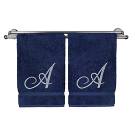 BC BARE Cotton - Toalla de mano con monograma, color azul marino, 16 x 30 pulgadas, juego de 2, 100% algodón turco, extra absorbente, acabado de rizo suave, regalo personalizado