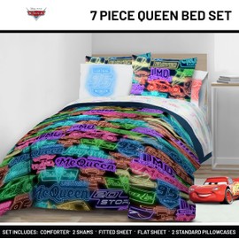Jay Franco Kids Comforter Set Includes Sheets and Pillow Covers - Soft and Cozy Bed Set for Stylish Room Decor, Black - Cars, 7 Piece Queen Bedding