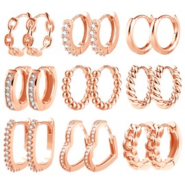 Gold Hoop Earrings Set, 9 Pairs of 14 Carat Real Gold-Plated Hoop Earrings, Gold, Small, for Women, Hypoallergenic Cartilage Huggie Hoop Earrings with AAA+ Zirconia Twist Heart Piercing Earrings Gold