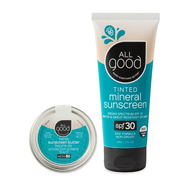 All Good Tinted Mineral Sunscreen Combo Pack - UVA/UVB Broad Spectrum SPF 30 Lotion & SPF 50 Butter for Face & Body - Coral Reef Friendly, Water Resistant, Coconut Oil, Jojoba Oil, Shea Butter, Beeswax, Aloe