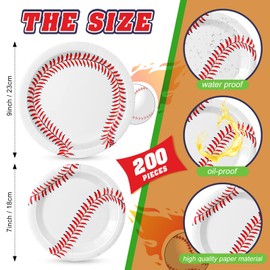 200 Pcs Baseball Paper Plates 9'' and 7'' Disposable Baseball Party Plates Baseball Serving Trays Baseball Snack Platter for Baseball Game Day Theme Birthday Decorations Supplies Family Dinner