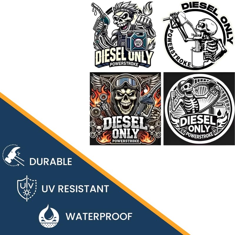 Diesel Only Skull Stickers Pack, 4 Designs, 3.1 inches