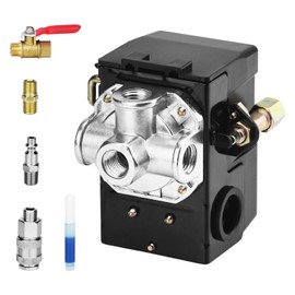 Universal Air Compressor Pressure Switch Control Valve (90-120 PSI, 110V-240V) with 0-180 PSI Regulator and Safety Pressure Relief Valve - 4 Way Replacement Part (90-120PSI-004)
