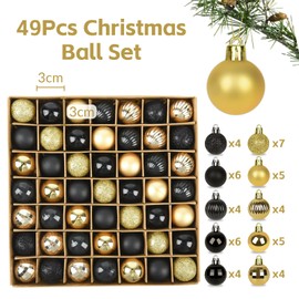 Set of 49 Christmas Baubles Black Gold 3 cm Plastic Christmas Tree Baubles Hooks Christmas Baubles Small for Christmas Tree Decorations, Christmas Decoration Baubles Pendant Mini Tree Decoration