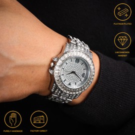 Halukakah Diamonds Gold Watch Iced Out,Men's Platinum White Gold Plated 38MM Width Round Dial Quartz Wristband 8.7",Free Giftbox