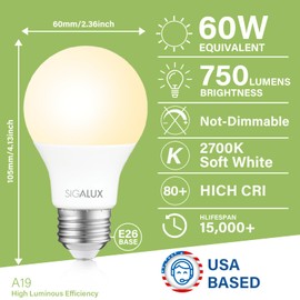 Sigalux EnergyPro, High-Efficiency LED Light Bulbs A19 60W Equivalen Non-Dimmable Warm Lightbulbs E26, Efficient 5W 2700K Soft White, 750 Lumens, ETL Listed, 24 Packs