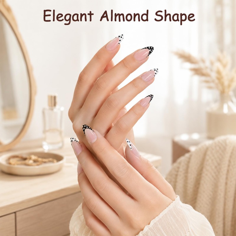 96Pcs Short Almond Press On Nails, Polka Dot False Nails