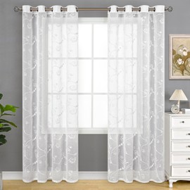 BGment White Sheer Curtains 84 Inches Long for Living Room 2 Panels, Embroidery Curtains with Vine and Leaf Pattern Light Filtering Semi Sheer Voile Window Curtains, Each Panel 52 x 84 Inch