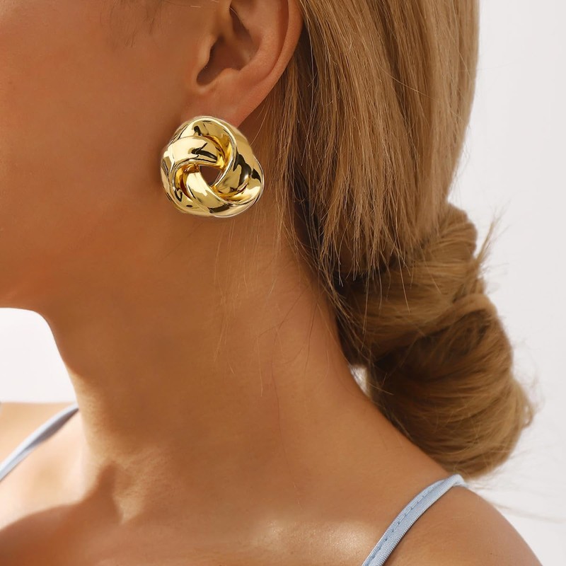 Rannyrena Retro Gold Statement Round Earrings Chunky Irregular Geometric Stud