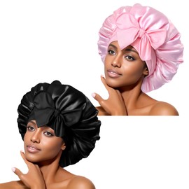 2PCS Shower Cap, LIUCONGBD Adjustable Hair Bonnet for Sleeping, Silk Sleep Bonnets for Women, Silk Hair Wrap for Sleeping, Satin Night Sleeping Caps with Tie Band for Curly Hair Braid Women