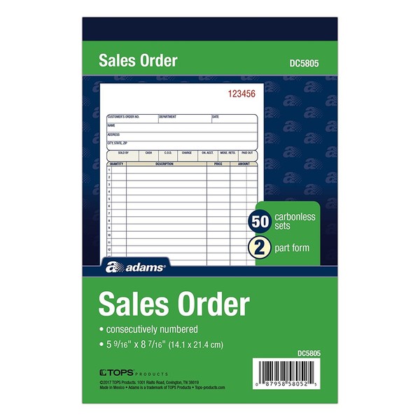 Adams Sales Order Book, 2-Part, Carbonless, White/Canary, 5-9/16 x 8-7/16 inches, 50 Sets per Book (DC5805) (12 Pack)