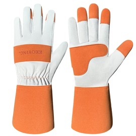 KKOYING Gardening Gloves, Long Thorn Proof Garden Gloves for Women and Men, Goatskin Breathable Leather Work Gloves for Gardening, Pruning, Yard Work, Brown, L