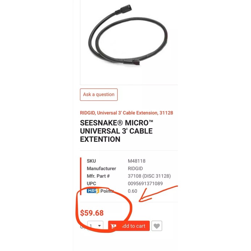 RIDGID 31128 Micro Extension Cable 3’ SeeSnake Universal Inspection Camera