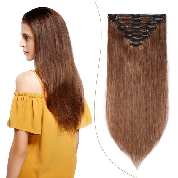 Clip in Human Hair Extensions Light Blonde 20 Inch Double Weft Thick 150g 8pcs 18 clips on 8A Grade Soft Straight 100% Remy Hair Chestnut Brown #6 20’’