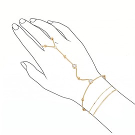 BELLA-Bee Hand Chain Bracelets for Women, 18K Gold Plated Stainless Steel Dainty Cubic Zirconia Ring Bracelet Hand Chain, Adjustable Finger Bracelet Jewelry for Daily Wear Prom (Heart)