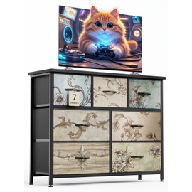 MUTUN Drawers Dresser for Bedroom,Wide Chest of Drawers for Closet, Clothes, TV Stand with Storage Drawers, Wood Board, Fabric Drawers,Floral Painted (7 Drawers)