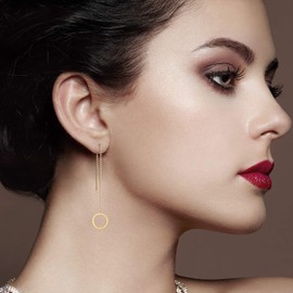 Flongo Women's Chopsticks Pull-Through Earrings, Long Tassel Threader Earrings, with Pendant, Silver, Gold, Rose Gold, Stainless Steel