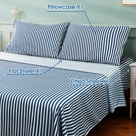 HOMEIDEAS 3 Piece Bed Sheets Set, Extra Soft Brushed Microfiber Fabric Bedding Sheets, Wrinkle & Fade Free - Flat Sheet, Fitted Sheet with 1 Pillowcases(Single, Navy Pinstripe)
