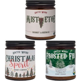 Christmas Spirit, Mistletoe, Frosted Fir 3 Pack Winter Candles | Arctic Wicks Coconut Beeswax Candles | 9oz Amber Jar | Farmhouse Candles Non-Toxic Clean Burn 100% USDA Certified Biobased