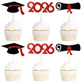 Pre-Assembled Graduation Cupcake Toppers 48 PCS, Class of 2026 Mini Cake Decorations Grad Cap & Diploma, Food & Appetizer Picks for Graduation Party