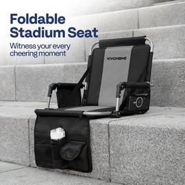 VIVOHOME Stadium Seats with Back Support and Cushion, 2 Pack Portable Bleacher Chairs with Cup Holder, Storage Bags and Shoulder Strap, Black and Gray