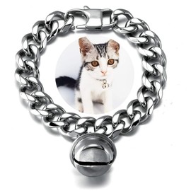 Silver Cat Dog Collar Puppy White 1/2inch Wide Stainless Steel Kitten Choker Curb Chew Proof Cuban Link Chain with Bell (Neck Fit 10"-12")