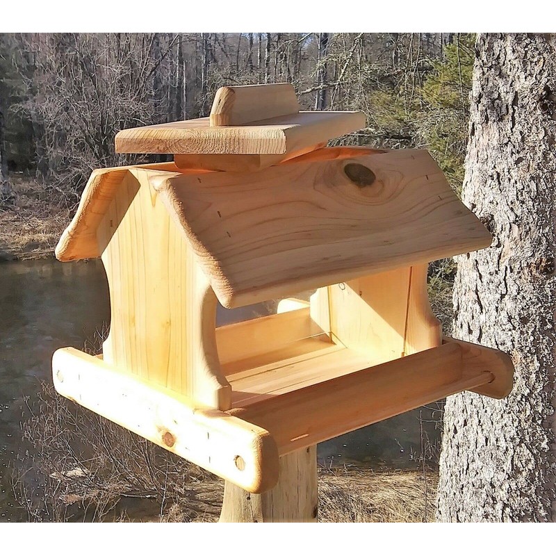 14 Inch Cedar Wood Post Mount Bird Feeder for Outdoors