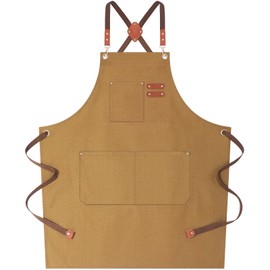 AFUN Chef Aprons for Women Men with Large Pockets, Cotton Canvas Cross Back Water Repellent Work Apron, Size M to XXL (Brown)