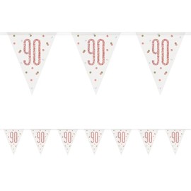 90th Birthday Rose Gold Flag Bunting Age 90 White And Rose Gold Party Banner Decoration Garland Pennant Decor UP