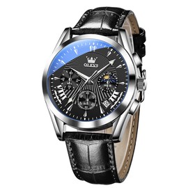 OLEVS Mens Watches-Chronograph Fashion Casual Analog Quartz Watch Waterproof, Dress Luminous Wrist Watches with Leather Strap for Men Black/Brown/White/Blue Dial (Black Band+Black face)