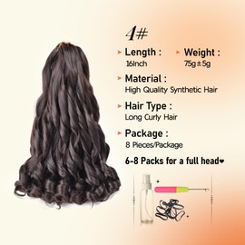 Brown Curly Braiding Hair for Black Women 16 Inch 75g/Pack Pre Stretched Braiding Hair Extensions 8 Packs Bouncy French Curls Braiding Hair (16 Inch,8 Packs,4#)
