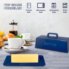 Gute Butter Dish with Lid for Countertop, Covered Ceramic Butter Dish, Butter Tray Storage for 1 Stick of Butter, Butter Keeper Container with Handle for Kitchen, Navy Blue