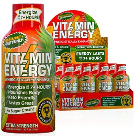 Vitamin Energy Extra Strength Energy Drink Shots | Natural Nutrients to Energize & Support Immune System | Sugar & Carb-Free | Immunity Formula | up to 7+ Hours | Fruit Punch - 1.93 fl oz - Pack of 12