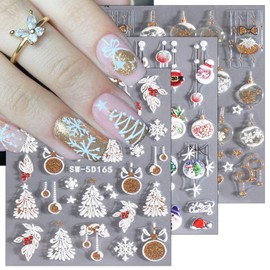 5D Snowman Nail Decals Embossed Flower Crystal Ball Christmas Tree Nail Art Stickers Christmas Nail Stickers 3 Sheets Self-Adhesive Elk Snowflake Santa Claus Nail Decoration for Women Girls DIY Nail