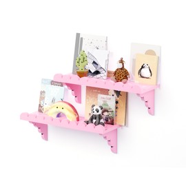 QsQueen Scalloped Pink Wood Wall Shelf – 17" Floating Shelf Made of Solid Pine Wood with Matching Brackets, Cute Display Shelf for Pink Wall Decor, Bedroom, Bathroom, Kitchen, Kawaii Room, Plants