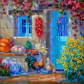 Artwork On Tile Ceramic Tile Mural Backsplash Kitchen Senkarik Rooster Flowers Pepper Art MSA174 - 12" x 12" on 6" tiles
