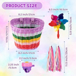 Kids Bike Basket, Bike Basket Front Bike Accessories for Girl Boys, Woven Bicycle Basket with Stickers, Bike Bell, Windmill, and 1pairs Colorful Ribbons Tassels