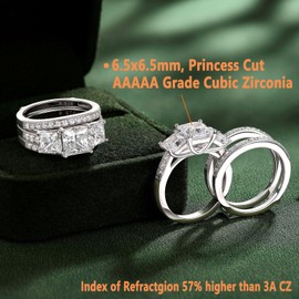 SHELOVES Three-Stone Princess Cut AAAAA CZ Wedding Ring Sets Ring Enhancer 925 Sterling Silver Size 9