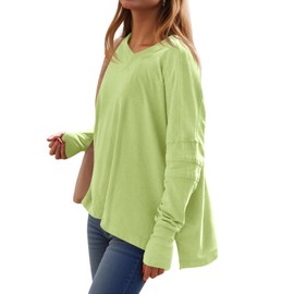 Tankaneo Womens Long Sleeve Workout Tops Oversized Hiking Shirts V Neck Side Split Gym Tunics with Thumb Holes Fluorescent Green