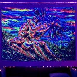 SparkLia Blacklight Lover Tapestry, Colorful Abstract Line Art of Love Kiss UV Reactive Neon Tapestries, Hippie Woman Glow in the Dark Wall Hanging Home Décor for Bedroom - 59.1" x 80"