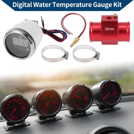 A ABSOPRO 1.34" Universal Digital Water Temperature Gauge Kit with Red Joint Pipe Radiator Sensor Adaptor 100-300F - DC 12V Automotive LED Display