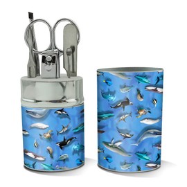 Ocean Life Whale Dolphin Manatee Shark Pattern Stainless Steel Manicure Pedicure Grooming Beauty Care Travel Kit