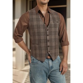 Enlision Waistcoats for Men Check Tweed Vintage V Neck Regular Fit Beige Waistcoat Wool Plaid Wedding Formal Casual 2XL